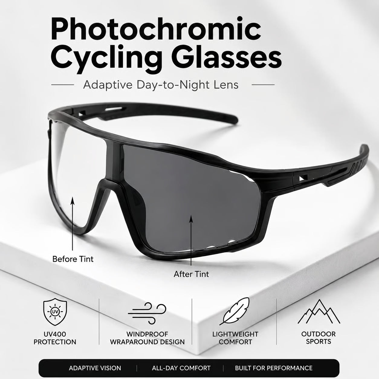 🌞🌙 Day Night Dual Use Cycling Glasses, Photochromic Light Transition Lens, Windproof UV Protection Outdoor Sports Riding Sunglasses-ZYY