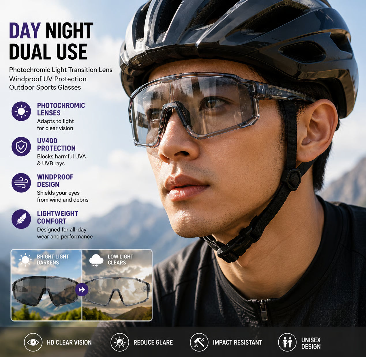 🌞🌙 Day Night Dual Use Cycling Glasses, Photochromic Light Transition Lens, Windproof UV Protection Outdoor Sports Riding Sunglasses-ZYY