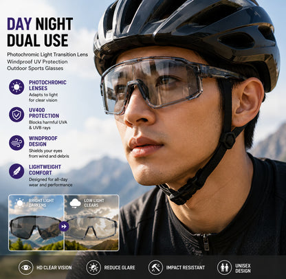 🌞🌙 Day Night Dual Use Cycling Glasses, Photochromic Light Transition Lens, Windproof UV Protection Outdoor Sports Riding Sunglasses-ZYY
