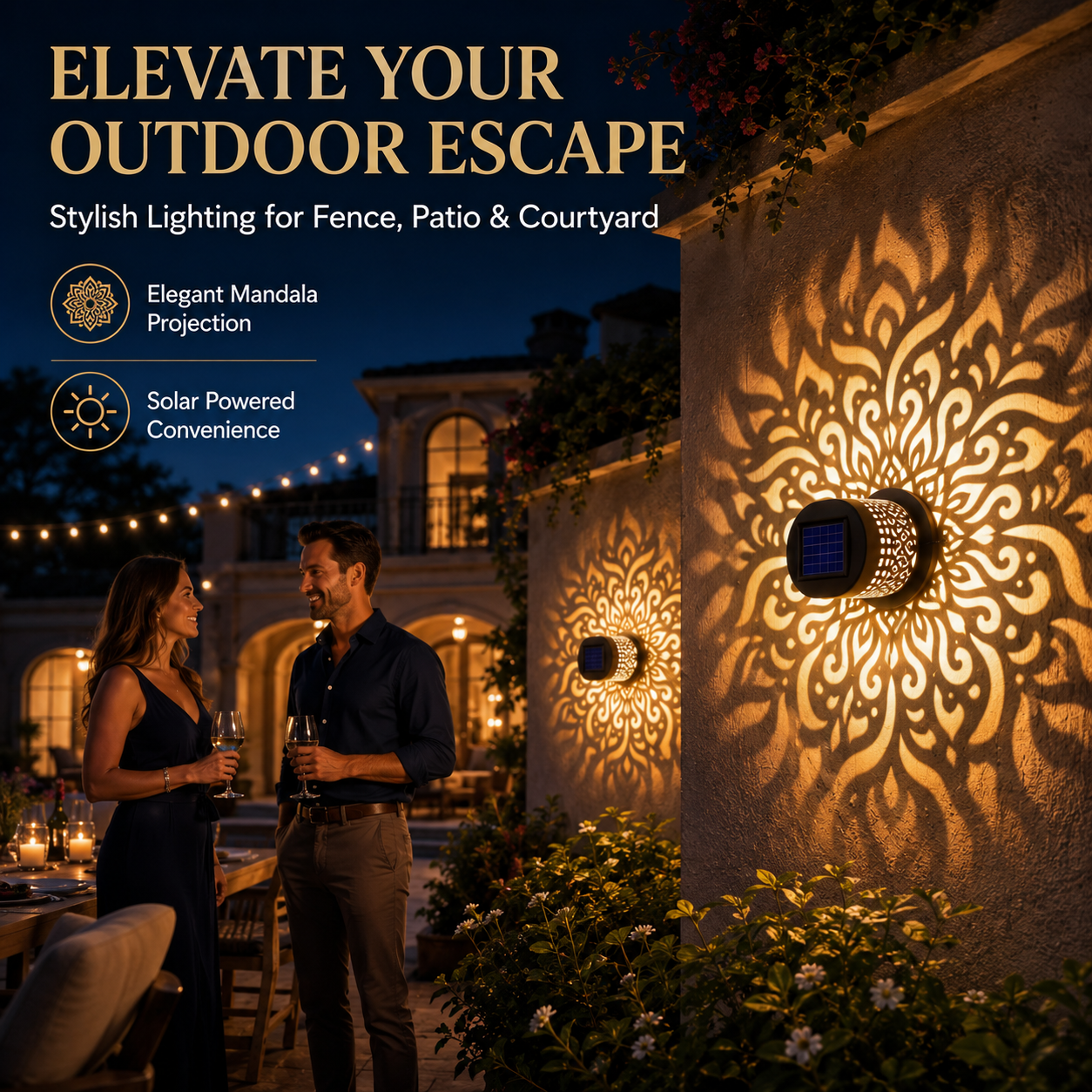 🌟 Solar Mandala Glow Wall Light ☀️ Solar Powered 💧 Waterproof IP65 🛠️ Durable Metal Build 🎨 Stunning Mandala Projection 🏡 Ideal for Garden Patio Backyard Fence Courtyard-WZH