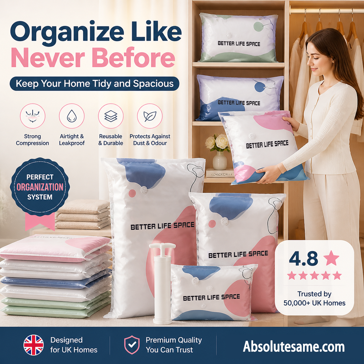 🔥✨ Hot Sale!🔥🧳 SpaceSaver No-Pump Vacuum Storage Bags ✨🏠 💨 Instantly Compress Clothes, Blankets & Bedding — No Vacuum Needed! 👕🛏️-ZZ