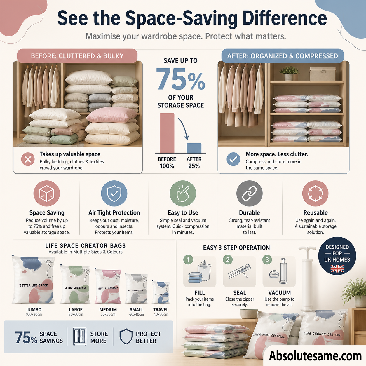 🔥✨ Hot Sale!🔥🧳 SpaceSaver No-Pump Vacuum Storage Bags ✨🏠 💨 Instantly Compress Clothes, Blankets & Bedding — No Vacuum Needed! 👕🛏️-ZZ