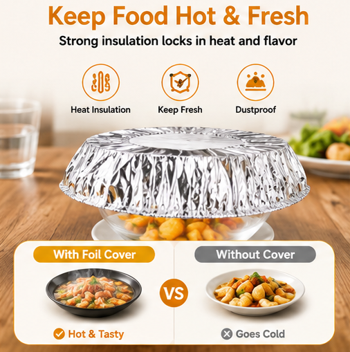 🏆Disposable Aluminum Foil Food Covers – ✨Heat Retaining Reusable Food Protection Covers for Plates, Bowls & Takeout Containers-DG1