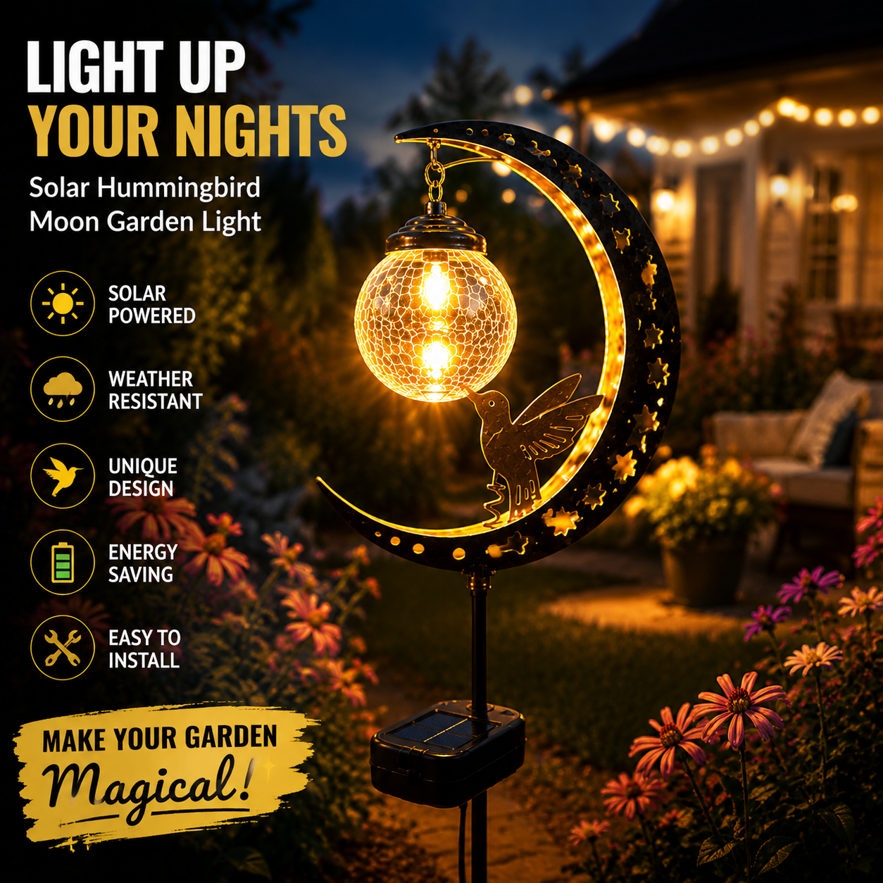 🌙✨ Solar Hummingbird Moon Garden Light 🐦☀️ – Magical Glass Globe Stake Lamp for Enchanting Nighttime Yard Decor 🌿🌌DG