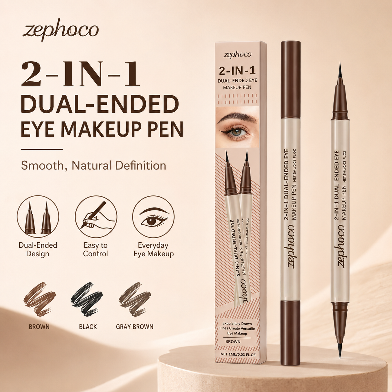 ✨ ZEPHOCO Double-Ended Liquid Eyeliner Pen – Smooth Waterproof Eye Makeup Pencil with Fine Tip & Shimmer Highlight End, Long-Lasting Smudge-Resistant Eyeliner for Natural Daily Eye Looks-WZH