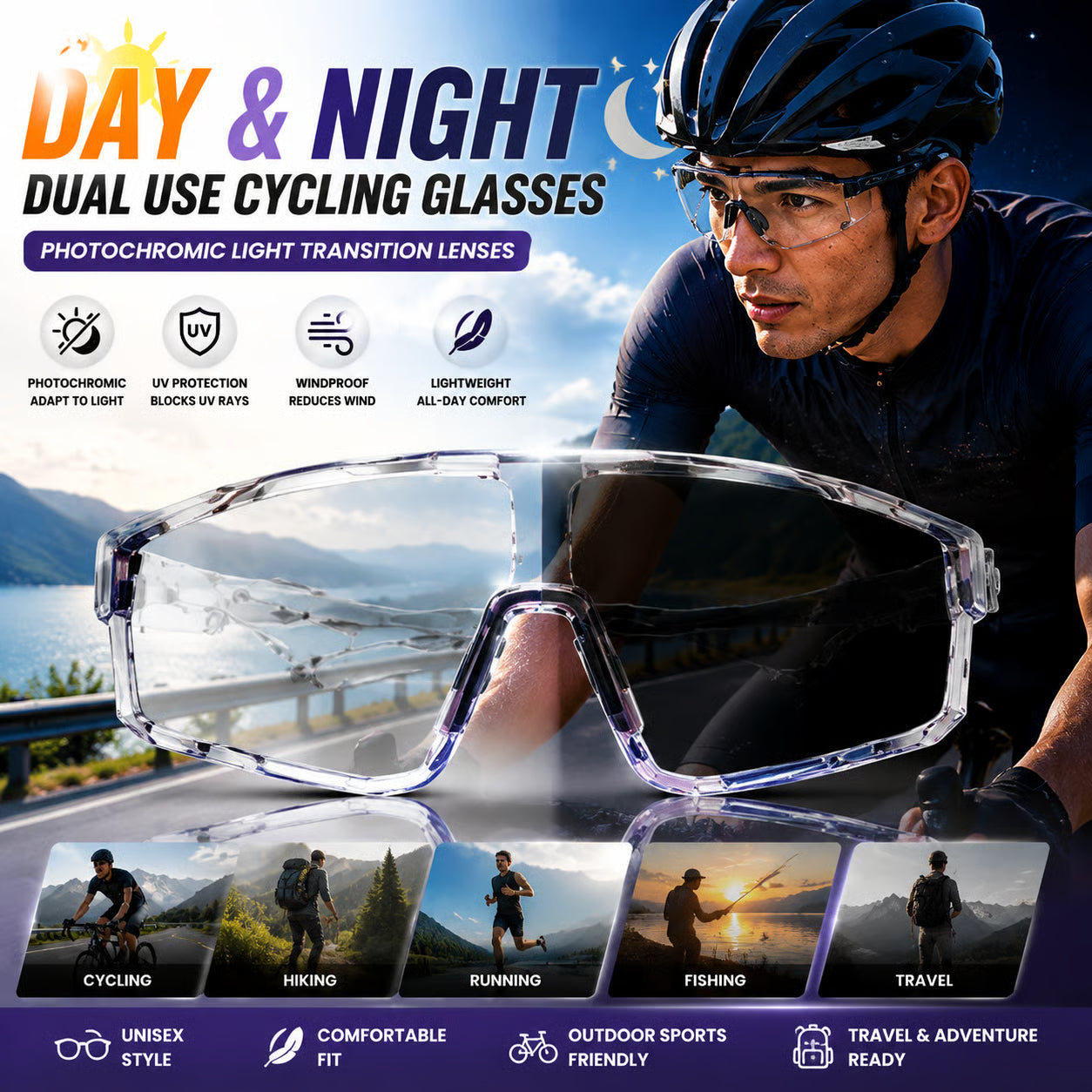 🌞🌙 Day Night Dual Use Cycling Glasses, Photochromic Light Transition Lens, Windproof UV Protection Outdoor Sports Riding Sunglasses-ZYY
