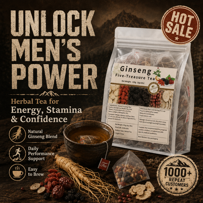 🔥 Té Masculino de Vitalidad Cinco Tesoros con Ginseng – Bolsitas de Té Herbal para Apoyo de Energía y Resistencia en Hombres, Mezcla Diaria de Bienestar para Fuerza, Aguante y Confianza – WZH