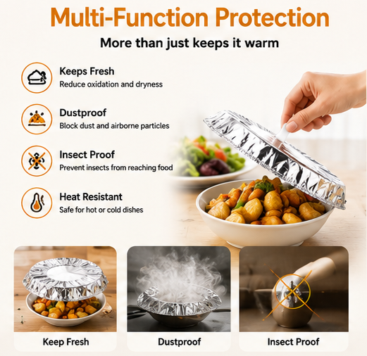 🏆Disposable Aluminum Foil Food Covers – ✨Heat Retaining Reusable Food Protection Covers for Plates, Bowls & Takeout Containers-DG1