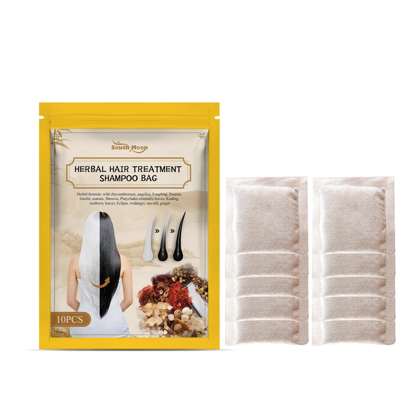 🖤 South Moon 100% Black Hair Look Shampoo Bag – 🌿 Herbal Hair Care Pack with Ginger, He Shou Wu & Black Reishi for Gray-Looking, Dry & Dull Hair-WZH
