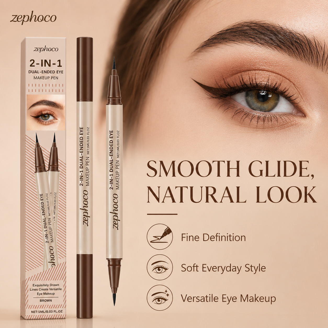✨ ZEPHOCO Double-Ended Liquid Eyeliner Pen – Smooth Waterproof Eye Makeup Pencil with Fine Tip & Shimmer Highlight End, Long-Lasting Smudge-Resistant Eyeliner for Natural Daily Eye Looks-WZH