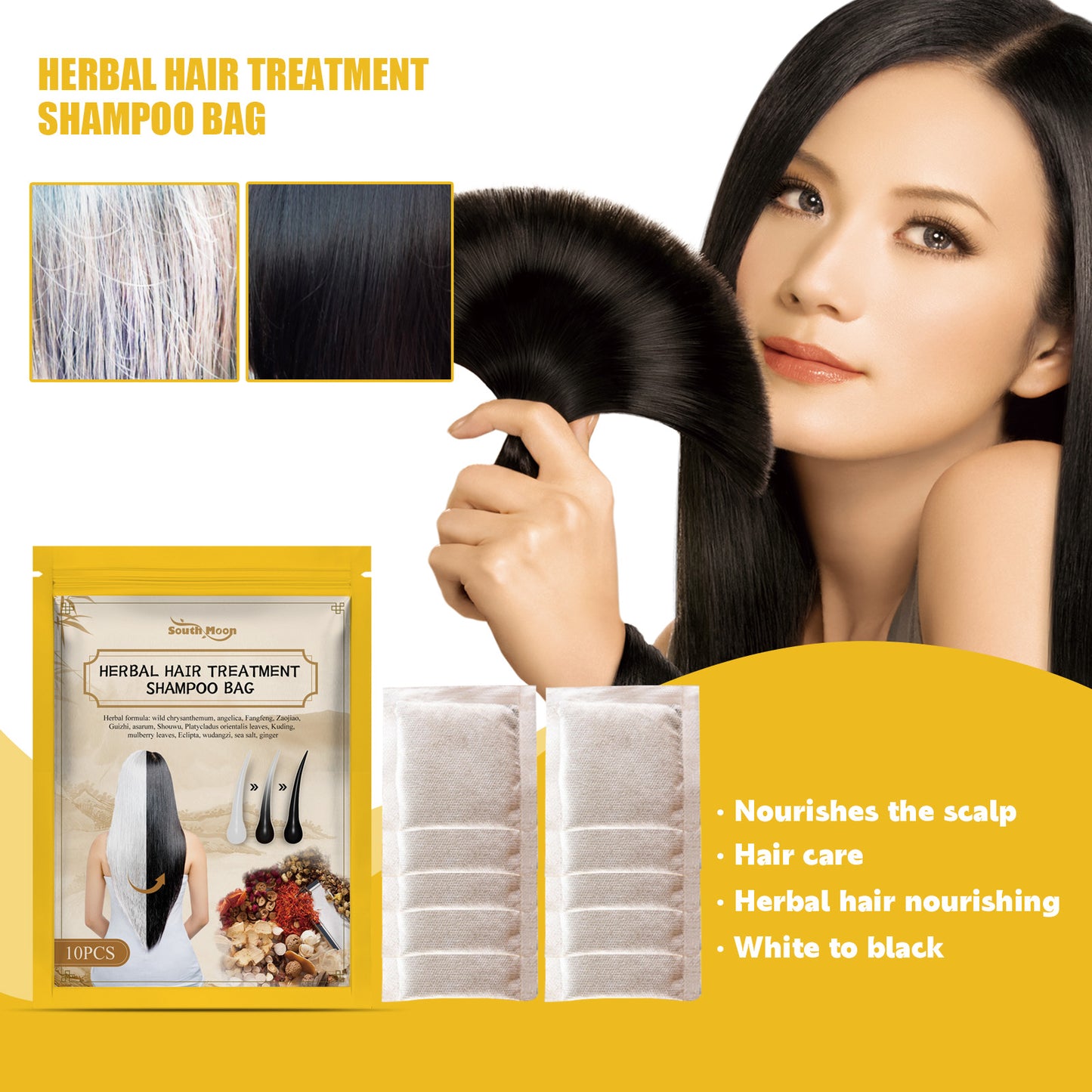 🖤 South Moon 100% Black Hair Look Shampoo Bag – 🌿 Herbal Hair Care Pack with Ginger, He Shou Wu & Black Reishi for Gray-Looking, Dry & Dull Hair-WZH