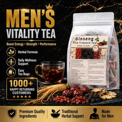 🔥 Té Masculino de Vitalidad Cinco Tesoros con Ginseng – Bolsitas de Té Herbal para Apoyo de Energía y Resistencia en Hombres, Mezcla Diaria de Bienestar para Fuerza, Aguante y Confianza – WZH