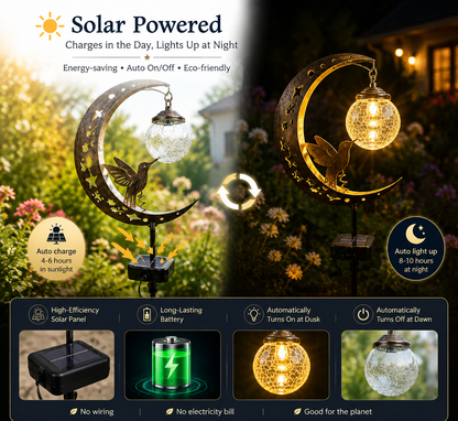 🌙✨ Solar Hummingbird Moon Garden Light 🐦☀️ – Magical Glass Globe Stake Lamp for Enchanting Nighttime Yard Decor 🌿🌌DG