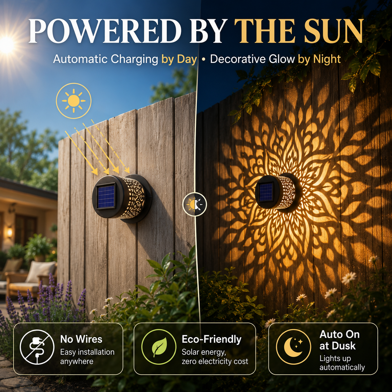 🌟 Solar Mandala Glow Wall Light ☀️ Solar Powered 💧 Waterproof IP65 🛠️ Durable Metal Build 🎨 Stunning Mandala Projection 🏡 Ideal for Garden Patio Backyard Fence Courtyard-WZH