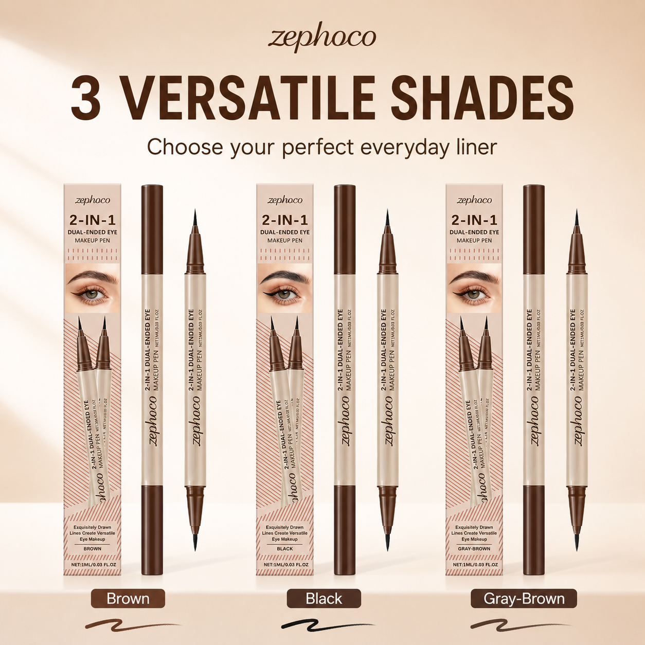 ✨ ZEPHOCO Double-Ended Liquid Eyeliner Pen – Smooth Waterproof Eye Makeup Pencil with Fine Tip & Shimmer Highlight End, Long-Lasting Smudge-Resistant Eyeliner for Natural Daily Eye Looks-WZH
