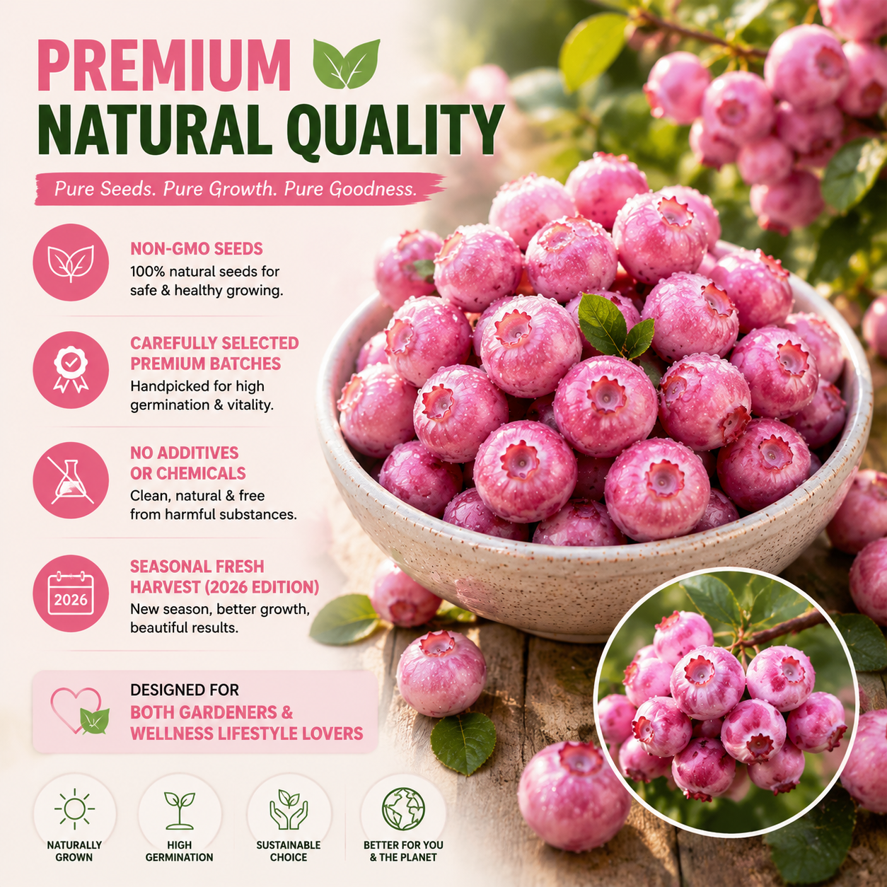 🍇✨ Premium Pink Blueberry Seeds 🌸💗 Rare Exotic Superfruit for Beautiful Home Growing & Natural Wellness 🌿-DG1