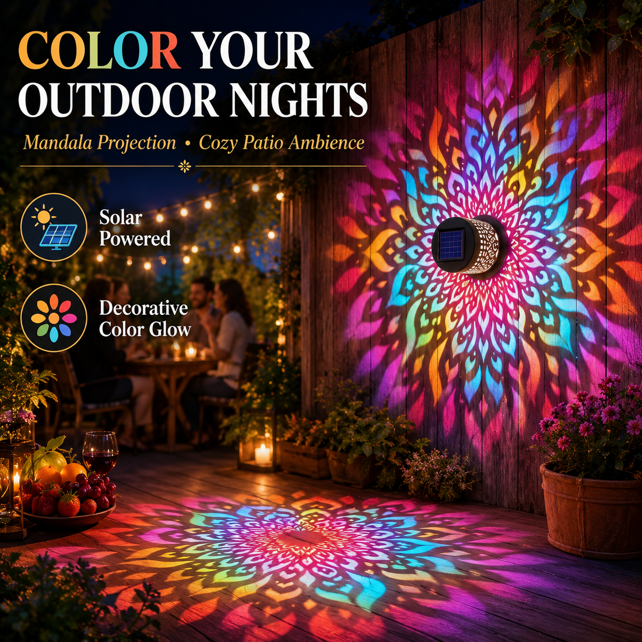 🌟 Solar Mandala Glow Wall Light ☀️ Solar Powered 💧 Waterproof IP65 🛠️ Durable Metal Build 🎨 Stunning Mandala Projection 🏡 Ideal for Garden Patio Backyard Fence Courtyard-WZH