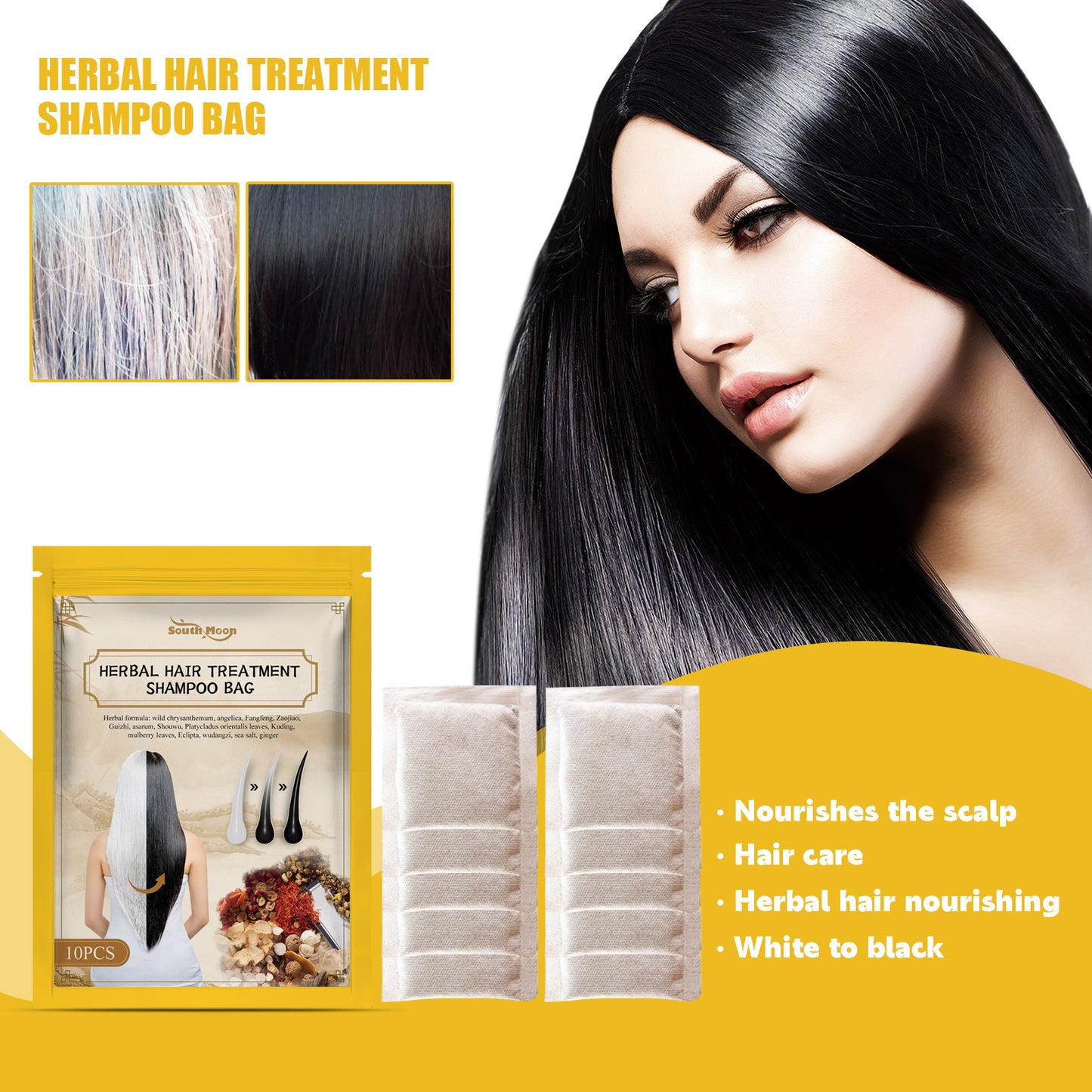 🖤 South Moon 100% Black Hair Look Shampoo Bag – 🌿 Herbal Hair Care Pack with Ginger, He Shou Wu & Black Reishi for Gray-Looking, Dry & Dull Hair-WZH