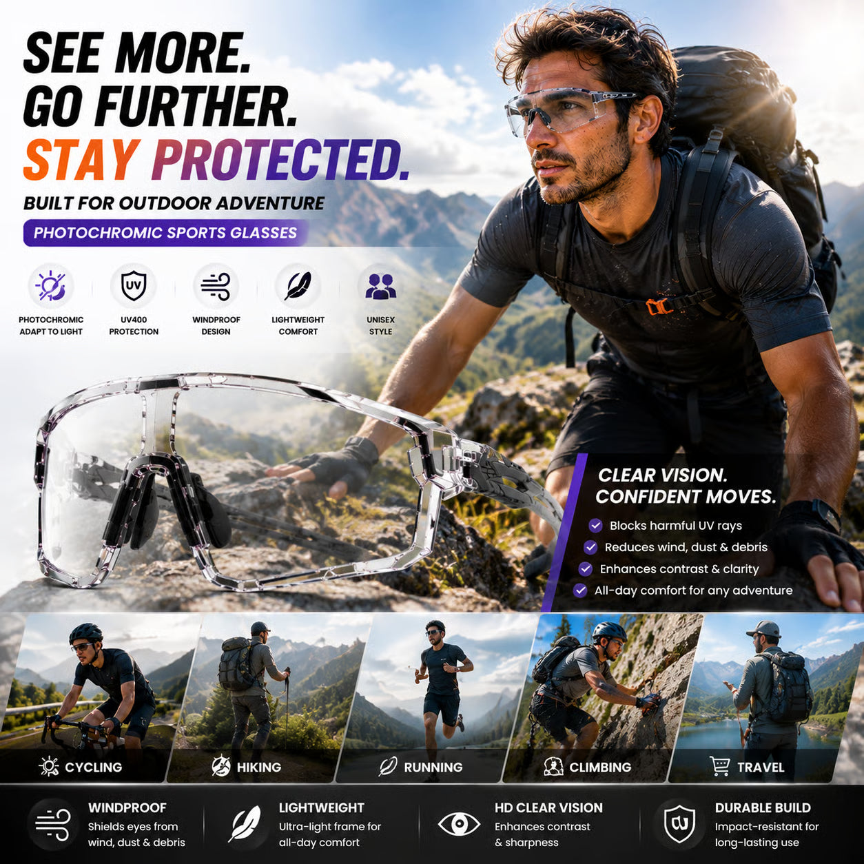 🌞🌙 Day Night Dual Use Cycling Glasses, Photochromic Light Transition Lens, Windproof UV Protection Outdoor Sports Riding Sunglasses-ZYY