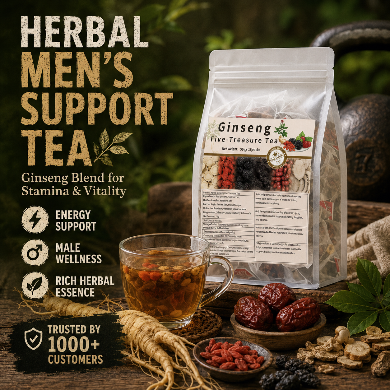🔥 Té Masculino de Vitalidad Cinco Tesoros con Ginseng – Bolsitas de Té Herbal para Apoyo de Energía y Resistencia en Hombres, Mezcla Diaria de Bienestar para Fuerza, Aguante y Confianza – WZH