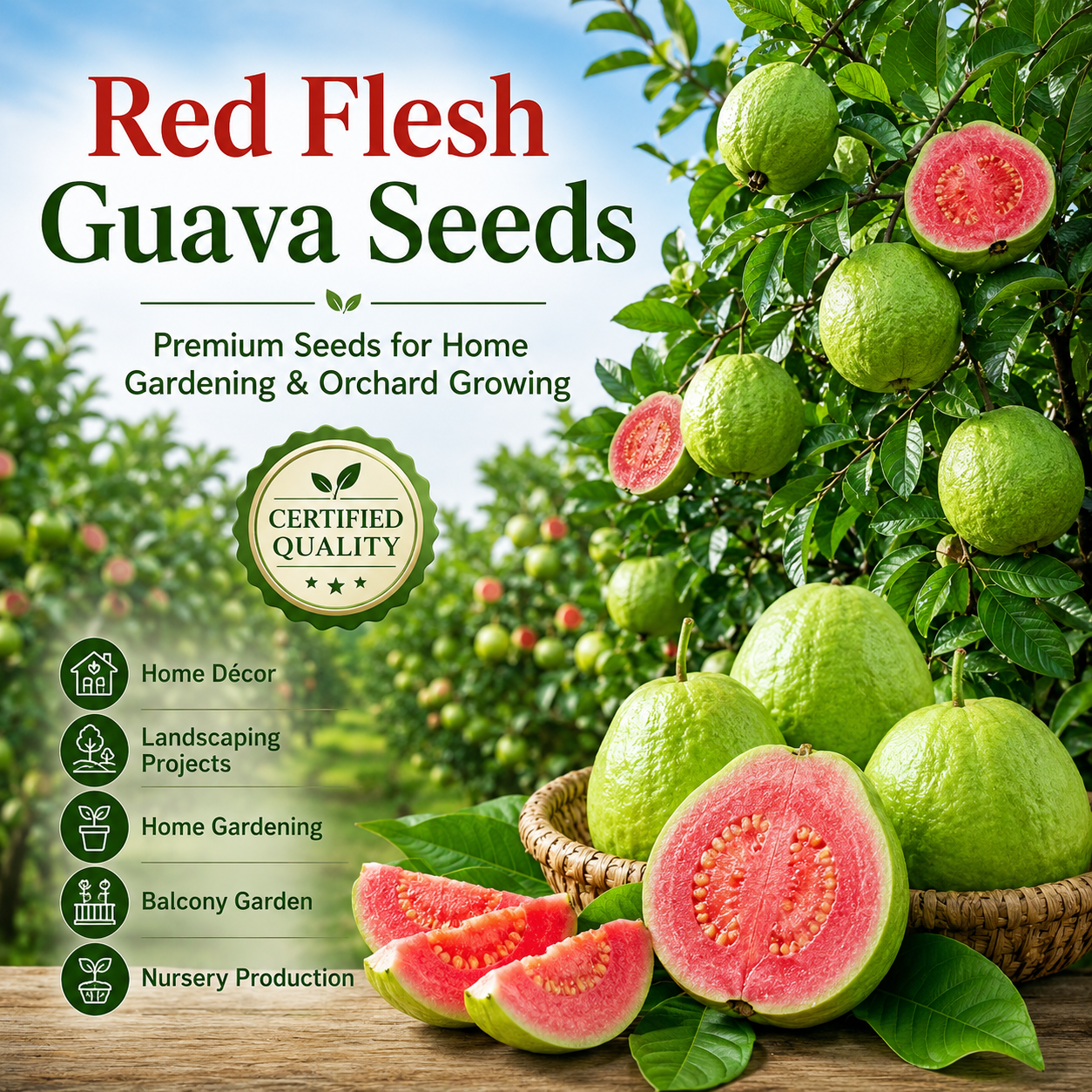 Premium Red Guava Seeds for Home Gardens, Balconies, Patios & Backyard Planting-WZH