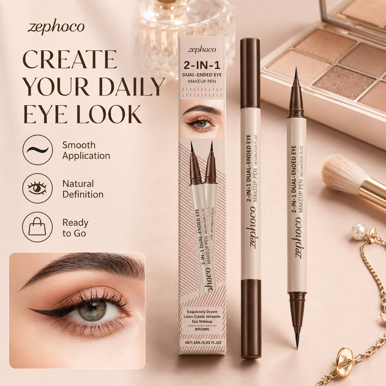 ✨ ZEPHOCO Double-Ended Liquid Eyeliner Pen – Smooth Waterproof Eye Makeup Pencil with Fine Tip & Shimmer Highlight End, Long-Lasting Smudge-Resistant Eyeliner for Natural Daily Eye Looks-WZH