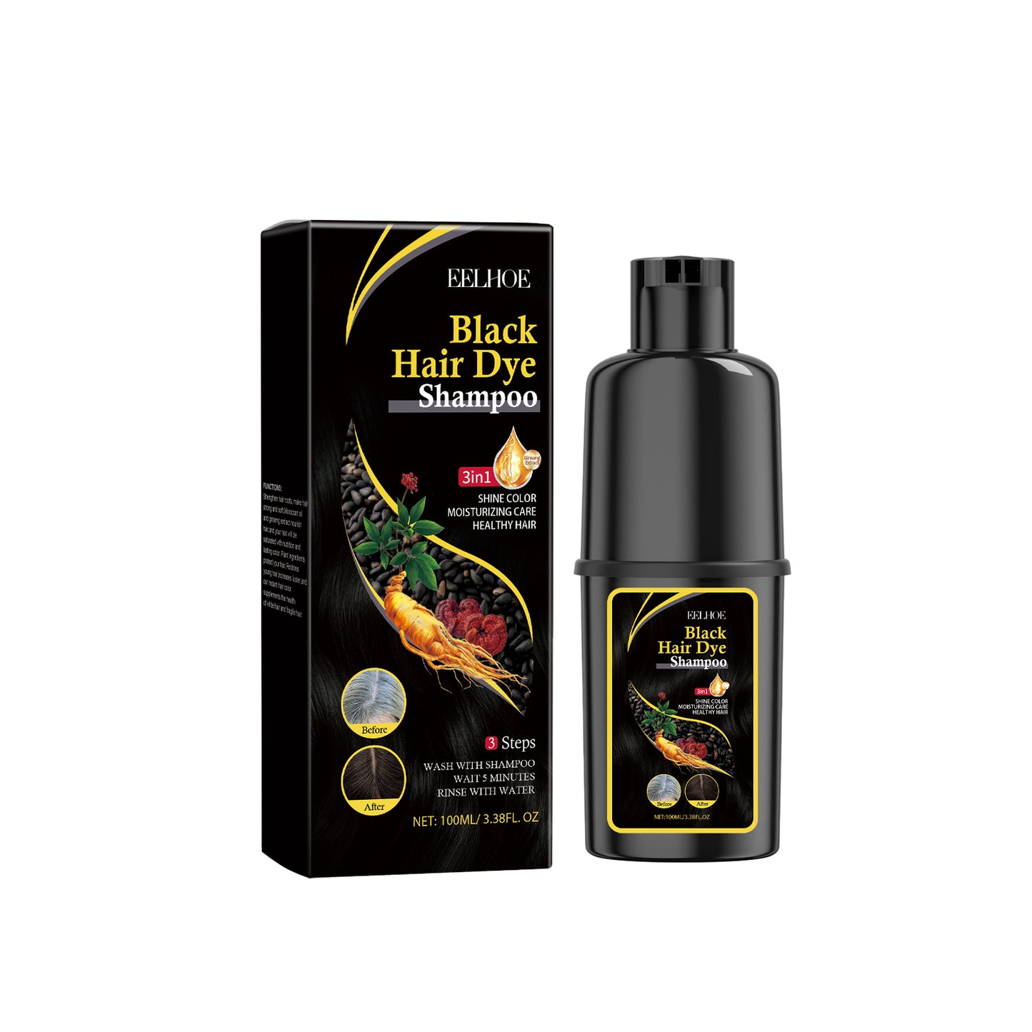 🖤 EELHOE Black Hair Shampoo – 100% Black Hair Look at Home – Gray Coverage & Herbal Hair Care-WZH
