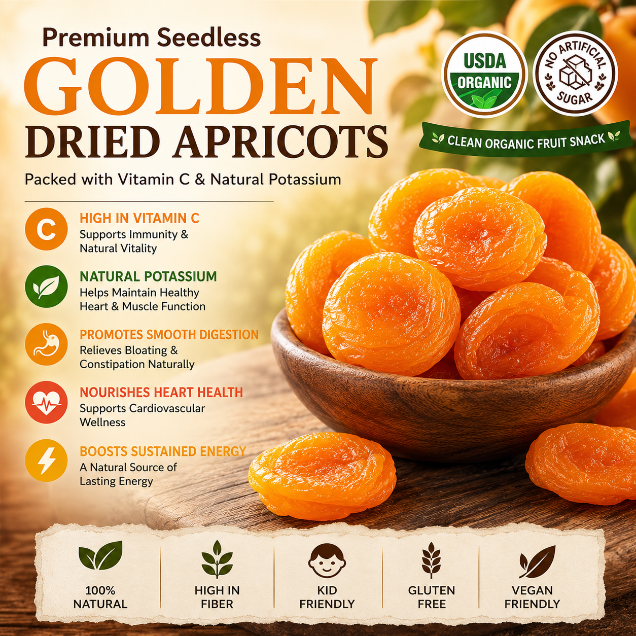 🏅Premium Seedless Golden Dried Apricots🟠 | Packed with Vitamin C & Natural Potassium, Promote Smooth Digestion, Relieve Bloating & Constipation, Nourish Heart & Boost Sustained Energy, Clean Organic Fruit Snack ❌ No Artificial Sugar-ZYY