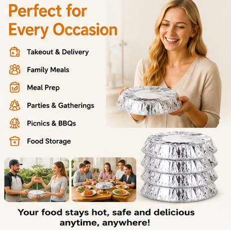 🏆Disposable Aluminum Foil Food Covers – ✨Heat Retaining Reusable Food Protection Covers for Plates, Bowls & Takeout Containers-DG1