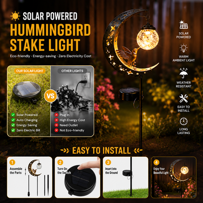🌙✨【Solar Hummingbird Moon Garden Stake Light】🐦 Solar Powered • Crackle Glass Globe • Auto On/Off • Waterproof Outdoor Decor⭐-DG1