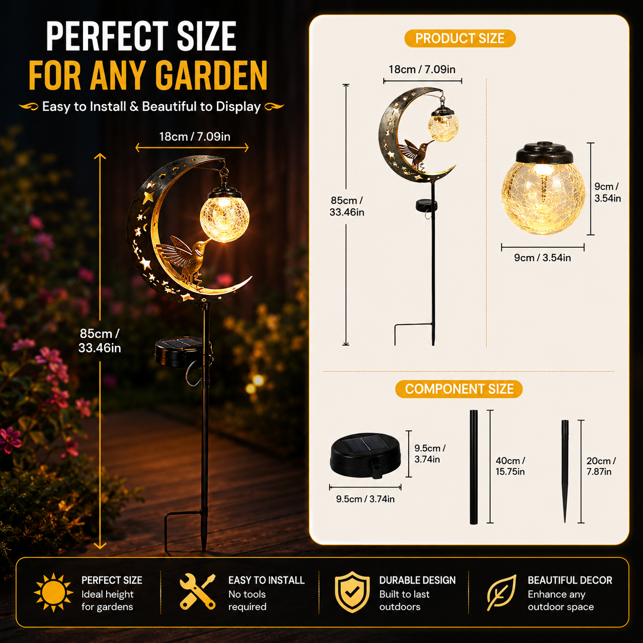 🌙✨【Solar Hummingbird Moon Garden Stake Light】🐦 Solar Powered • Crackle Glass Globe • Auto On/Off • Waterproof Outdoor Decor⭐-DG1