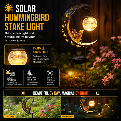 🌙✨【Solar Hummingbird Moon Garden Stake Light】🐦 Solar Powered • Crackle Glass Globe • Auto On/Off • Waterproof Outdoor Decor⭐-DG1