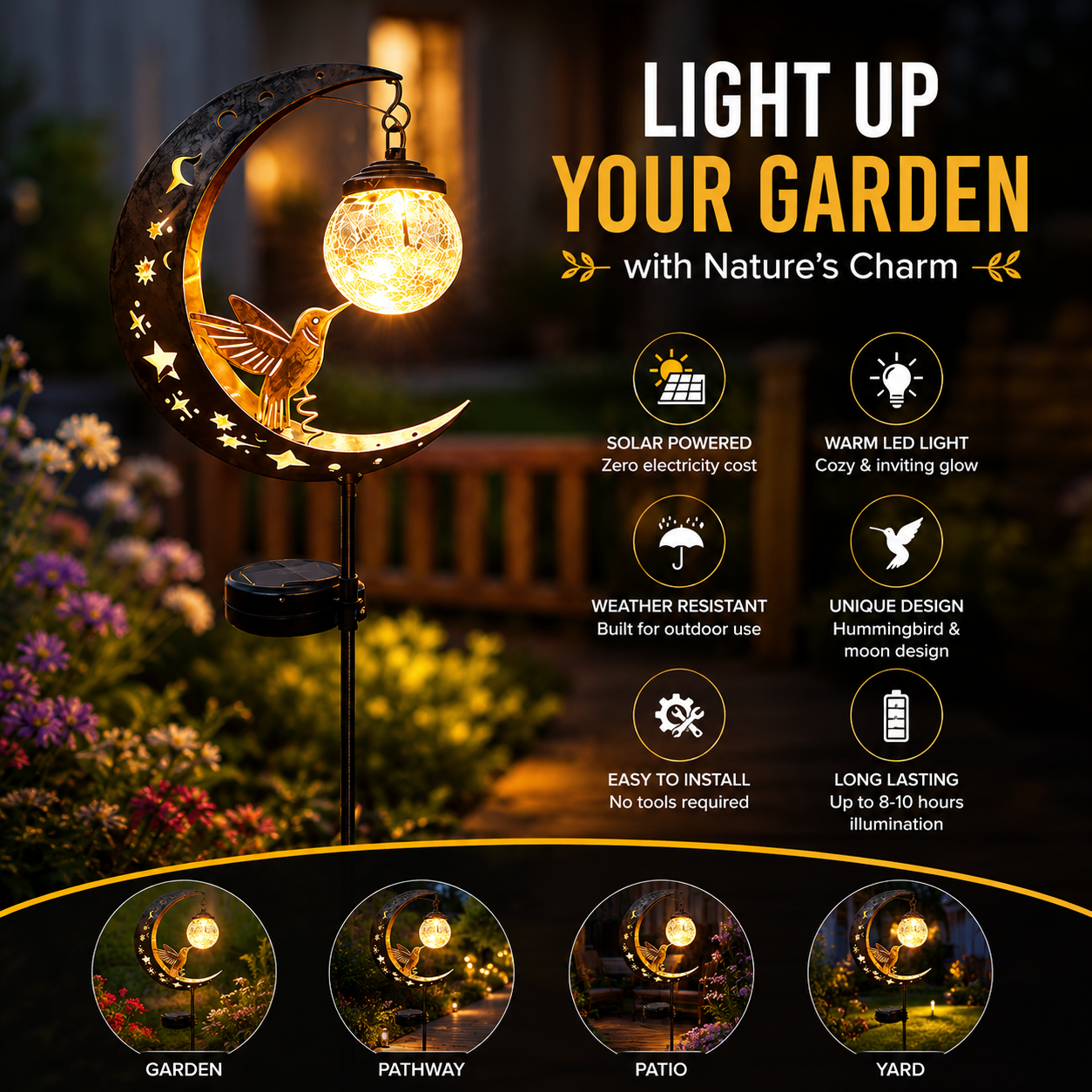 🌙✨【Solar Hummingbird Moon Garden Stake Light】🐦 Solar Powered • Crackle Glass Globe • Auto On/Off • Waterproof Outdoor Decor⭐-DG1