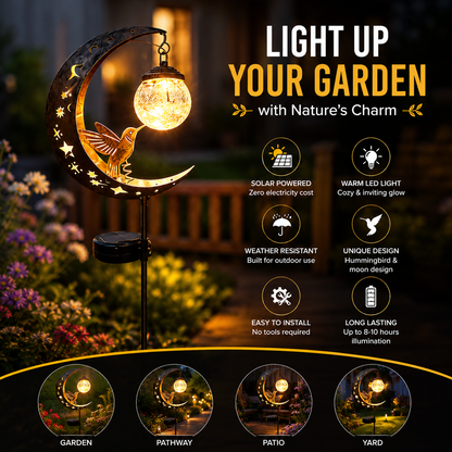 🌙✨【Solar Hummingbird Moon Garden Stake Light】🐦 Solar Powered • Crackle Glass Globe • Auto On/Off • Waterproof Outdoor Decor⭐-DG1