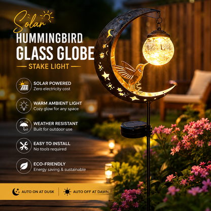 🌙✨【Solar Hummingbird Moon Garden Stake Light】🐦 Solar Powered • Crackle Glass Globe • Auto On/Off • Waterproof Outdoor Decor⭐-DG1
