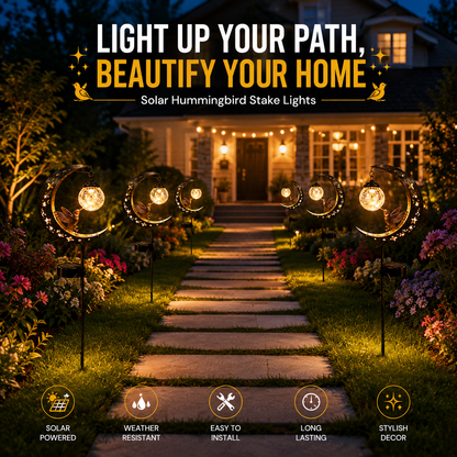 🌙✨【Solar Hummingbird Moon Garden Stake Light】🐦 Solar Powered • Crackle Glass Globe • Auto On/Off • Waterproof Outdoor Decor⭐-DG1