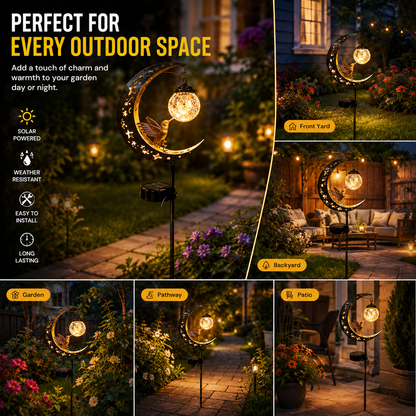 🌙✨【Solar Hummingbird Moon Garden Stake Light】🐦 Solar Powered • Crackle Glass Globe • Auto On/Off • Waterproof Outdoor Decor⭐-DG1