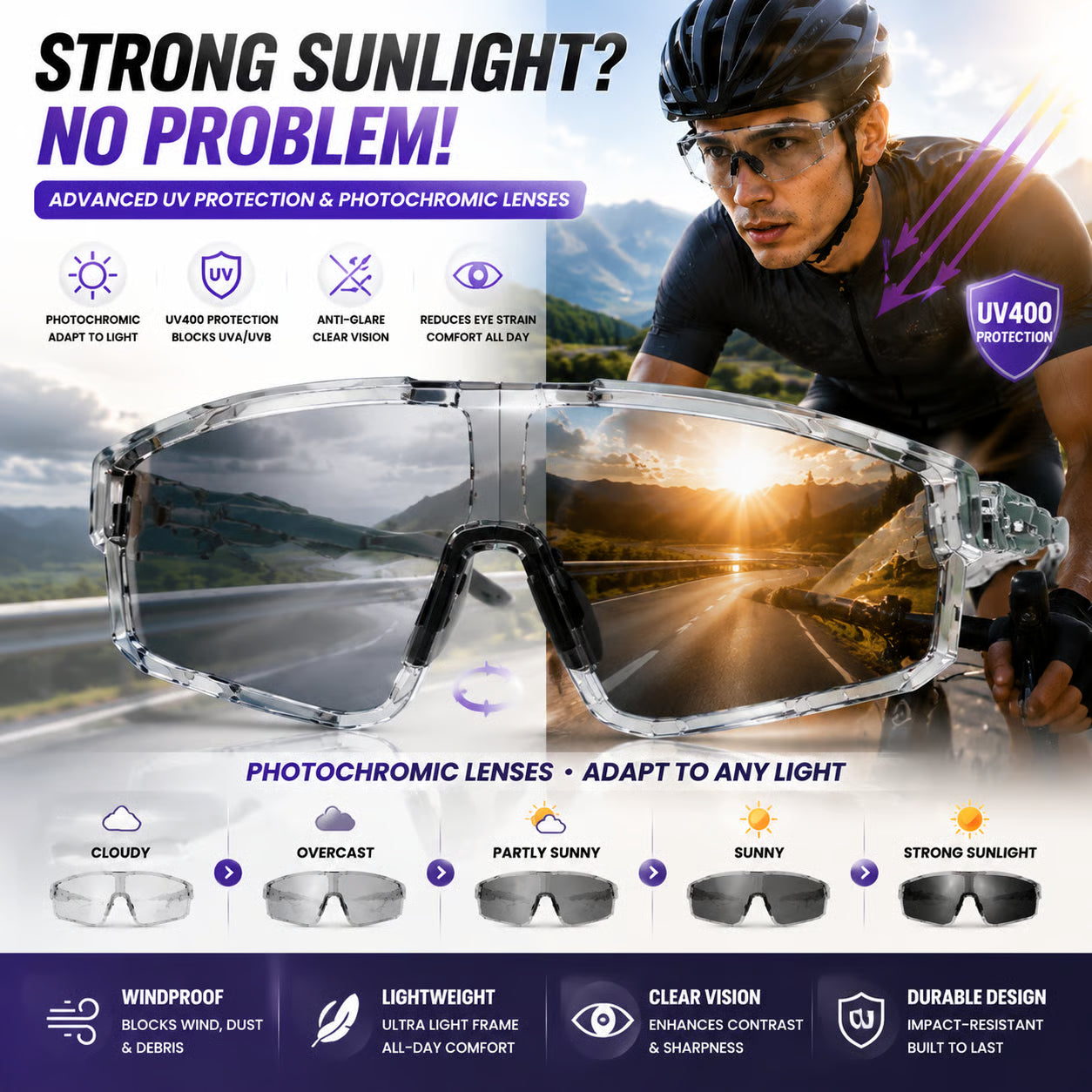 🌞🌙 Day Night Dual Use Cycling Glasses, Photochromic Light Transition Lens, Windproof UV Protection Outdoor Sports Riding Sunglasses-ZYY