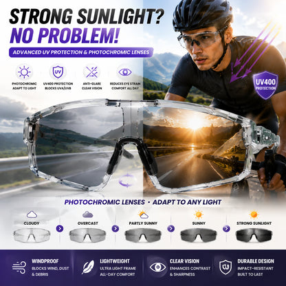 🌞🌙 Day Night Dual Use Cycling Glasses, Photochromic Light Transition Lens, Windproof UV Protection Outdoor Sports Riding Sunglasses-ZYY