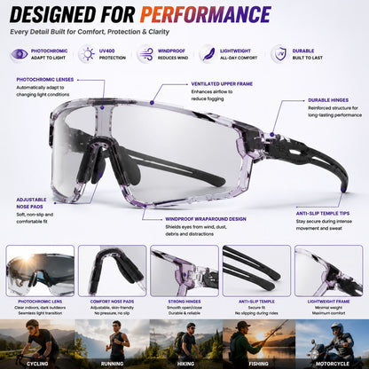 🌞🌙 Day Night Dual Use Cycling Glasses, Photochromic Light Transition Lens, Windproof UV Protection Outdoor Sports Riding Sunglasses-ZYY