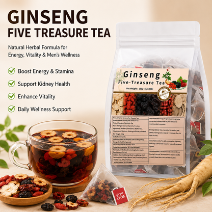 🌿✨ Premium Ginseng Five Treasure Herbal Tea 🍵💪 Restore Energy, Support Kidney Health & Enhance Stamina 🌟💚 🌸 Red Dates, Goji Berries & Mulberry Blend | 🍃 Men's Nourishing Formula | 💧 Daily Vitality Support 🏋️‍♂️🍵-ZYY