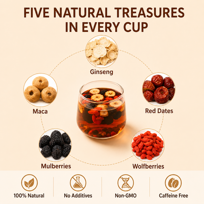 🌿✨ Premium Ginseng Five Treasure Herbal Tea 🍵💪 Restore Energy, Support Kidney Health & Enhance Stamina 🌟💚 🌸 Red Dates, Goji Berries & Mulberry Blend | 🍃 Men's Nourishing Formula | 💧 Daily Vitality Support 🏋️‍♂️🍵-ZYY