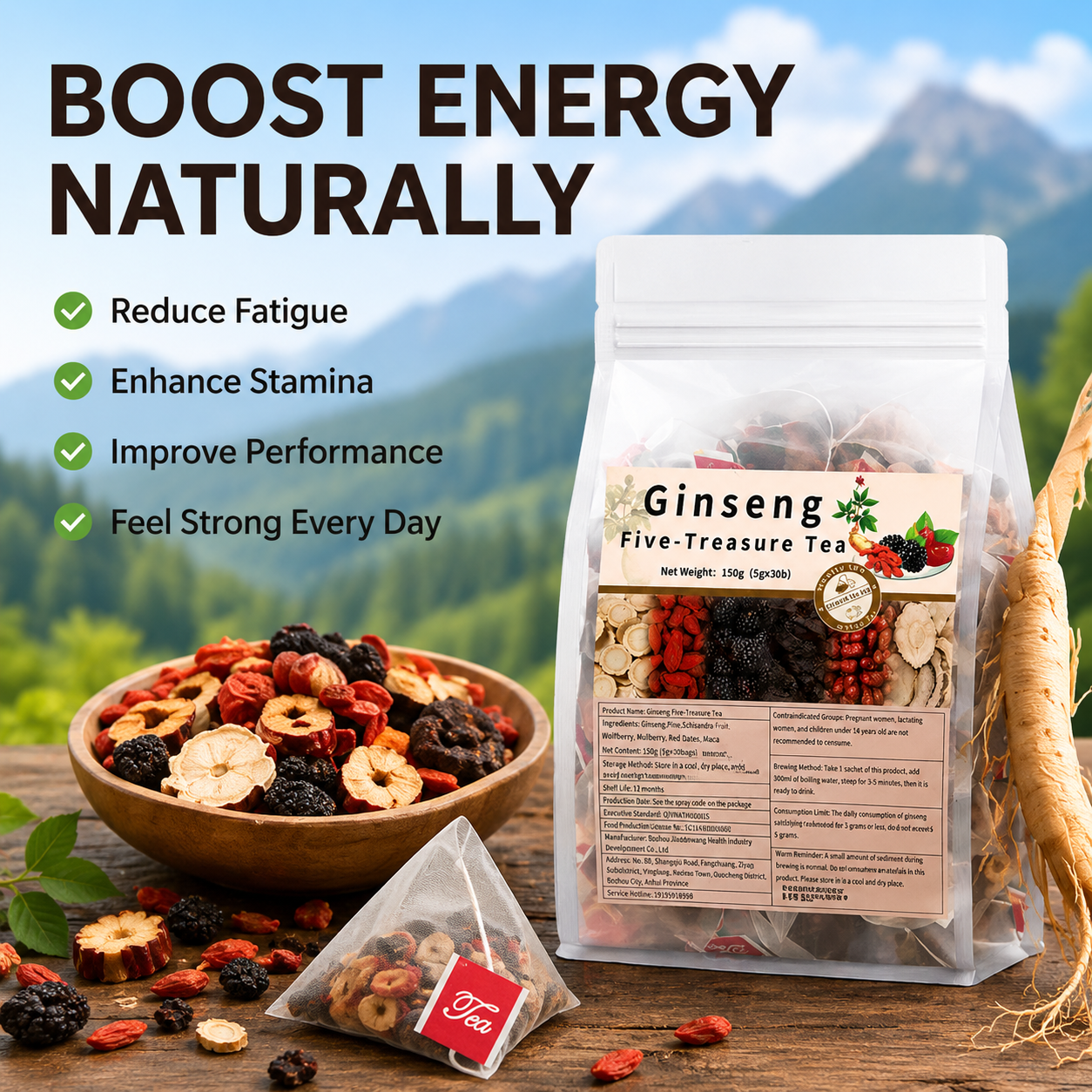 🌿✨ Premium Ginseng Five Treasure Herbal Tea 🍵💪 Restore Energy, Support Kidney Health & Enhance Stamina 🌟💚 🌸 Red Dates, Goji Berries & Mulberry Blend | 🍃 Men's Nourishing Formula | 💧 Daily Vitality Support 🏋️‍♂️🍵-ZYY