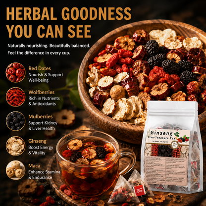 🌿✨ Premium Ginseng Five Treasure Herbal Tea 🍵💪 Restore Energy, Support Kidney Health & Enhance Stamina 🌟💚 🌸 Red Dates, Goji Berries & Mulberry Blend | 🍃 Men's Nourishing Formula | 💧 Daily Vitality Support 🏋️‍♂️🍵-ZYY