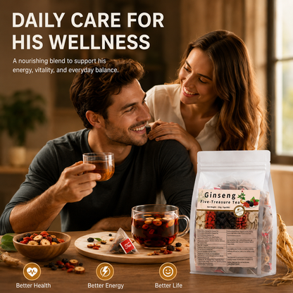 🌿✨ Premium Ginseng Five Treasure Herbal Tea 🍵💪 Restore Energy, Support Kidney Health & Enhance Stamina 🌟💚 🌸 Red Dates, Goji Berries & Mulberry Blend | 🍃 Men's Nourishing Formula | 💧 Daily Vitality Support 🏋️‍♂️🍵-ZYY