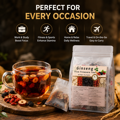 🌿✨ Premium Ginseng Five Treasure Herbal Tea 🍵💪 Restore Energy, Support Kidney Health & Enhance Stamina 🌟💚 🌸 Red Dates, Goji Berries & Mulberry Blend | 🍃 Men's Nourishing Formula | 💧 Daily Vitality Support 🏋️‍♂️🍵-ZYY