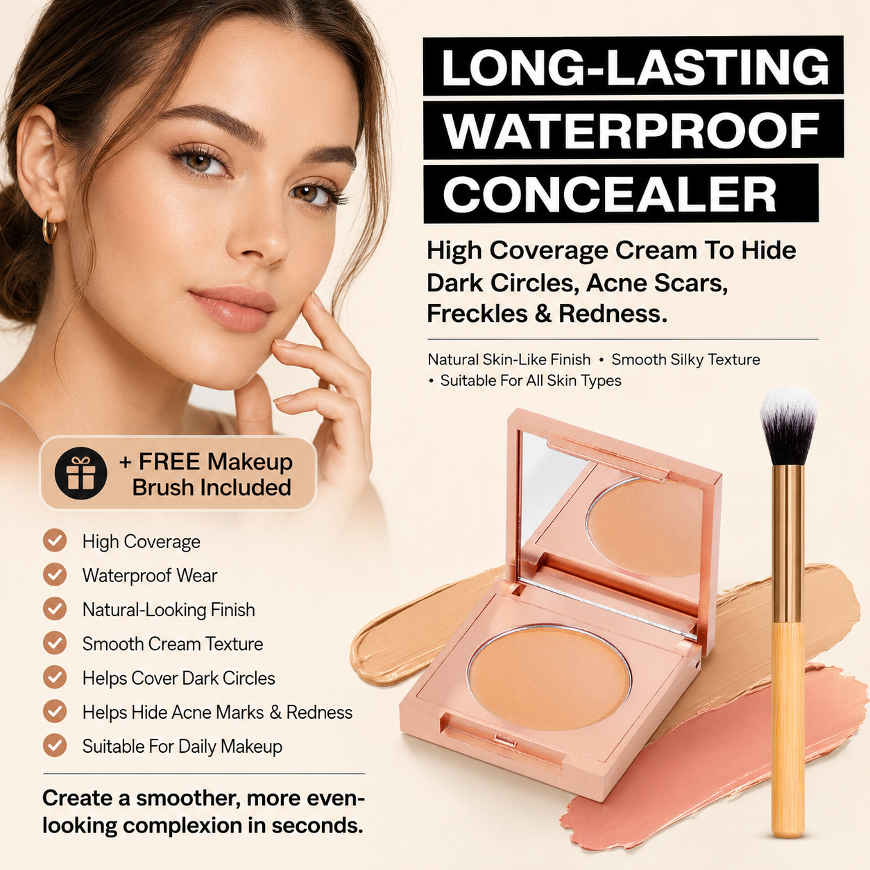✨ Long-Lasting Waterproof Concealer 🎨 High Coverage Cream to Hide Dark Circles, Acne Scars, Freckles & Redness | Natural, Skin-Like Finish, Suitable for All Skin Types + FREE Makeup Brush Included! 🧴-ZYY