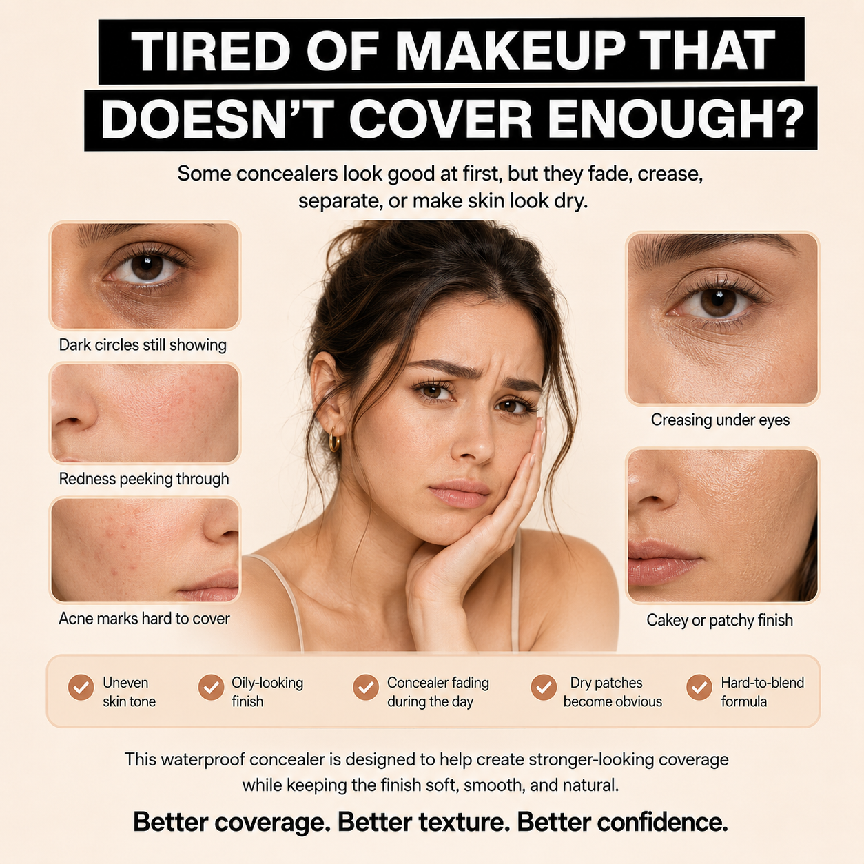 ✨ Long-Lasting Waterproof Concealer 🎨 High Coverage Cream to Hide Dark Circles, Acne Scars, Freckles & Redness | Natural, Skin-Like Finish, Suitable for All Skin Types + FREE Makeup Brush Included! 🧴-ZYY