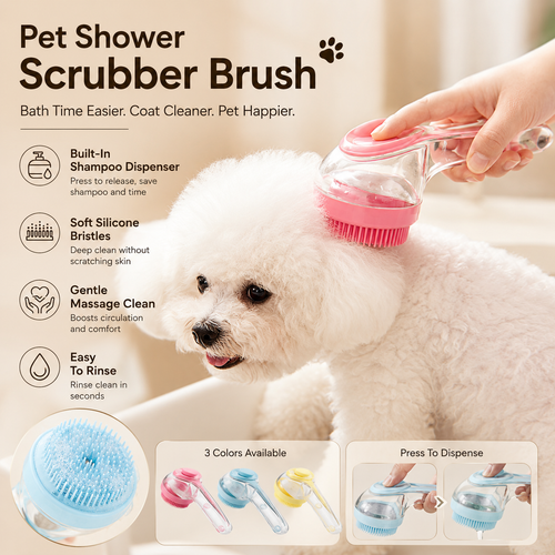 🛁🐶🐱 Pet Shower Scrubber Brush 🧼 Integrated Shampoo Storage Design ✅ Soft Silicone Massage Grooming Tool | Ergonomic Comfort Grip, Deep Clean Loose Hair & Dirt, Convenient Pet Bathing Accessory 🎁-ZYY