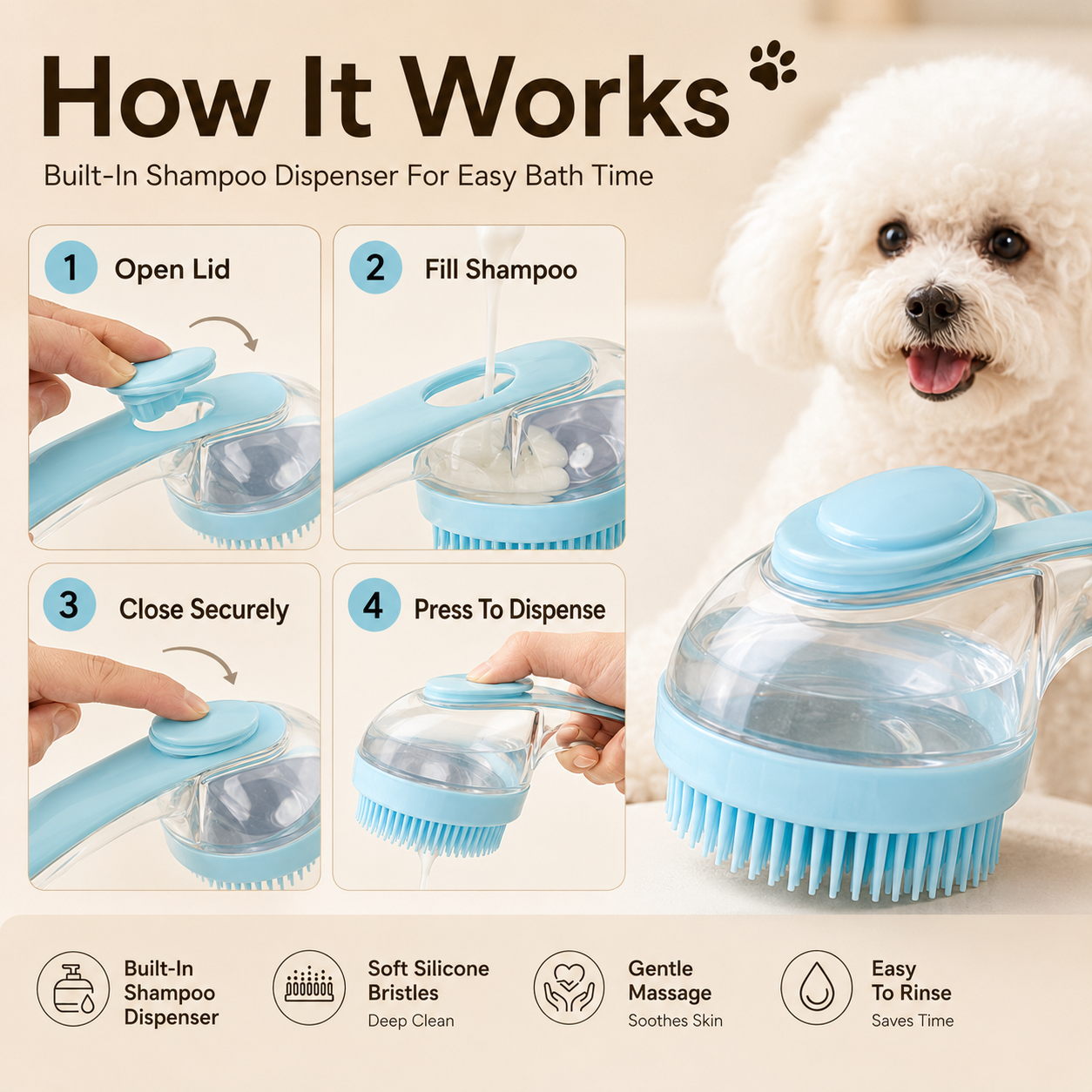 🛁🐶🐱 Pet Shower Scrubber Brush 🧼 Integrated Shampoo Storage Design ✅ Soft Silicone Massage Grooming Tool | Ergonomic Comfort Grip, Deep Clean Loose Hair & Dirt, Convenient Pet Bathing Accessory 🎁-ZYY